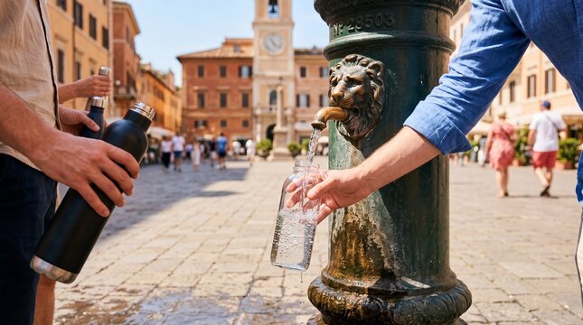 Tourist filling glass bottle with fresh cold water from vintage lion spout public drinking fountain in sunny European city square during summer.