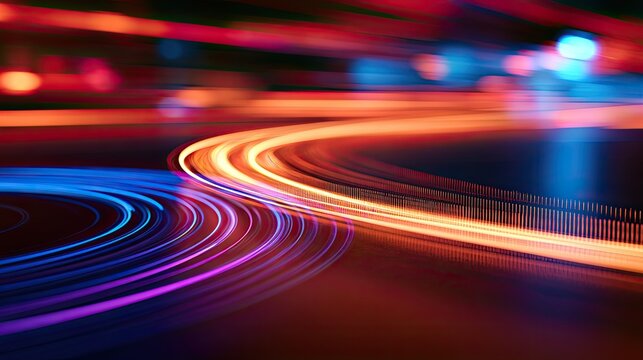 Streaks of vibrant red and blue light blur into curves and lines