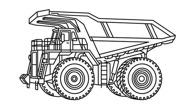 Black and white line art of a heavy duty mining dump truck