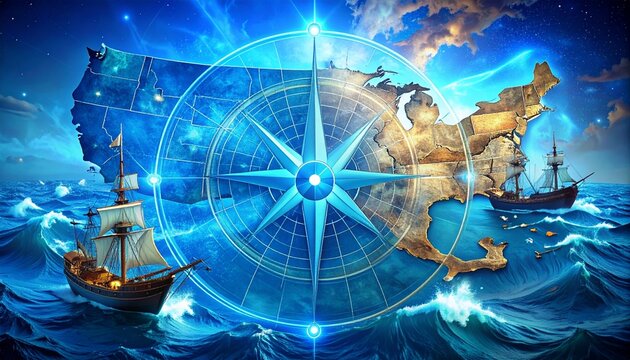 Nautical exploration of the American continent featuring ancient sailing ships and a glowing celestial compass rose over blue ocean waves