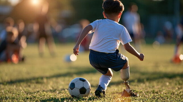rear view of a young boy with a prosthetic leg playing soccer in a bright sunny park, back to camera, inclusive sports concept, determination, active lifestyle, childhood,