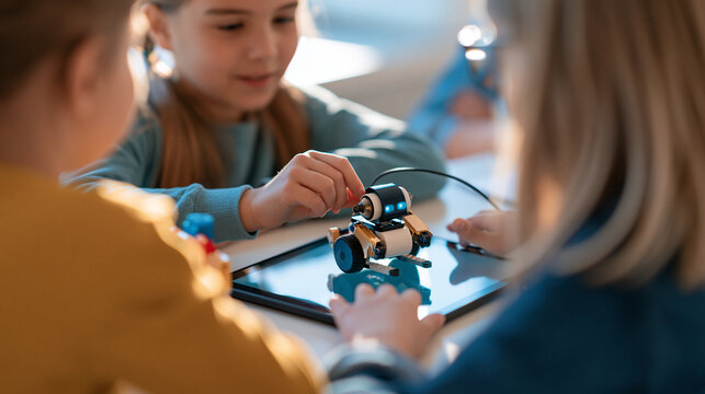 rear view of children constructing and coding a robot during a bright robotics programming class, backs to camera, using constructor blocks and a tablet, STEM education concept,