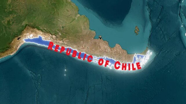 Republic of Chile Map Zoom Animation with Glowing Border, Country Text Label, and Waving Rainbow Pride Flag Pin