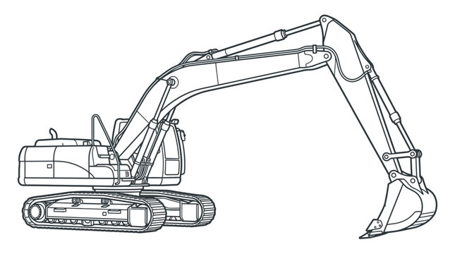 Heavy Excavator Construction Vehicle Line Art Vector Illustration