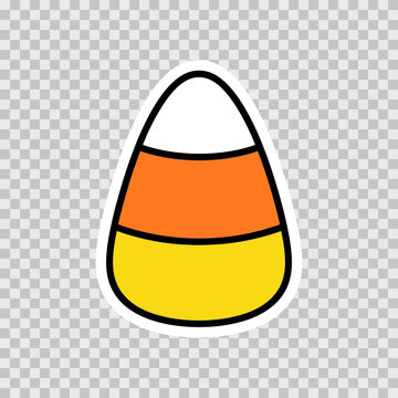 Halloween candy corn sticker vector, cute autumn sweet treat illustration, yellow and orange holiday sugar candy icon isolated on White Background Halloween