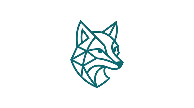 Minimalist geometric fox head logo in teal line art style.