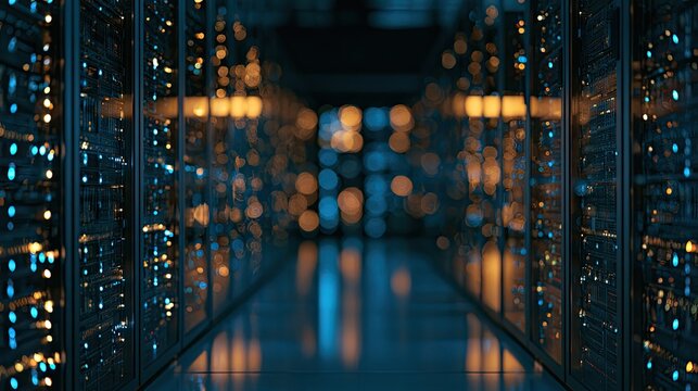 Dimly lit digital corridor with glowing server racks and bokeh lights