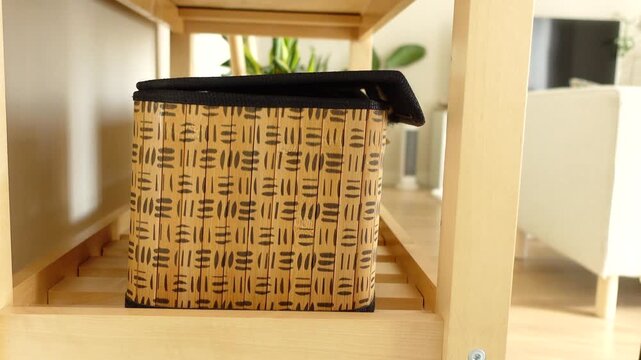 Storage box on wooden shelf in living room
