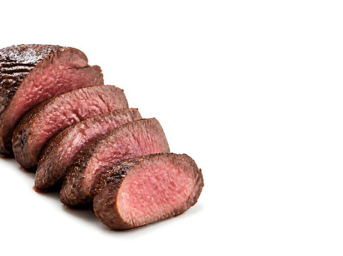 High quality beef tenderloin and steak slices layered diagonally from the lower left toward the center, detailed marbling and juicy natural texture, isolated on a pure white seamless background
