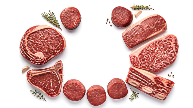 Premium beef steak cuts arranged in a refined circular composition with the center intentionally open for visual breathing room, detailed marbling, natural meat fibers and subtle moisture