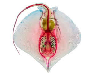 Anatomical specimen of a ray fish prepared with clearing and staining technique for scientific study. © Phisit