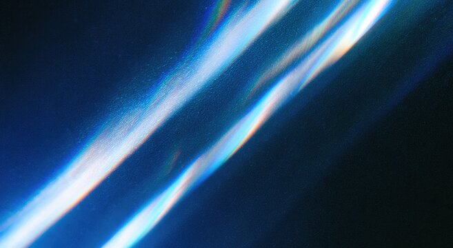 Abstract diagonal light streaks with prismatic color diffraction on a dark blue background
