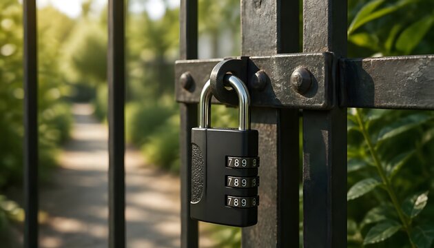 Black combination padlock securing a metal garden gate with three-digit number wheels.