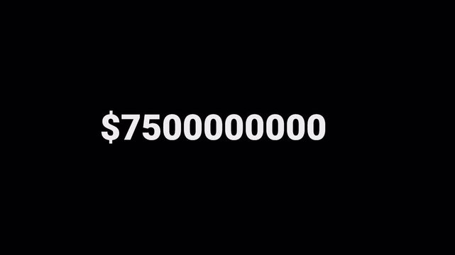 Animated dollar counter displaying a growing monetary value up to ten million, suitable for finance, business, investment, revenue, earnings  on alpha channel and transparent background.