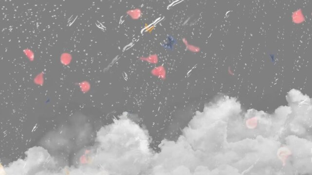 Pink flower petals drift through a cloudy grey sky with soft rain.