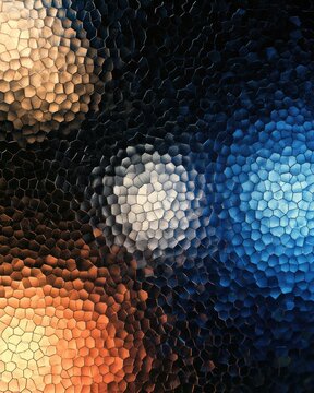 Abstract textured pattern with glowing circles of orange, white, and blue