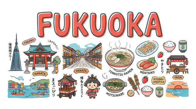 Fukuoka japan illustration with food and landmarks vector