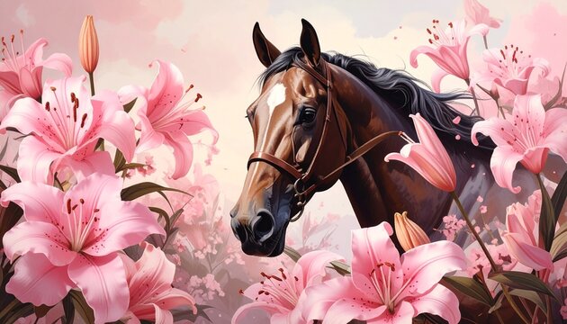 Elegant chestnut horse, symbolizing grace and natural beauty, emerges from a vibrant dreamscape of pink lilies, creating a serene and captivating natural tableau