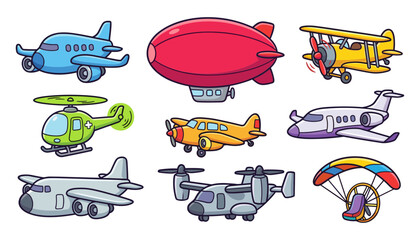 Cartoon Aircraft and Aviation Transport Vector Icon Set Featuring Airplane Helicopter Blimp Biplane Jet Cargo Plane and Paraglider  © Saba