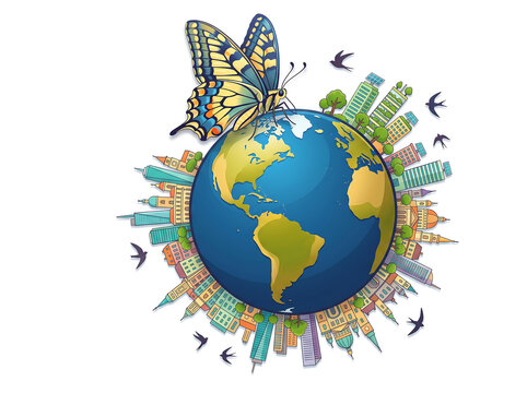 Eco Poster with Globe, City Skyline Ring, and Swallowtail Butterfly