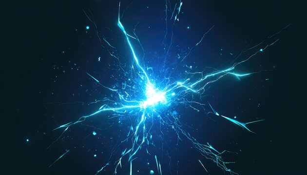 Intense blue energy burst with radiating electric arcs on dark background