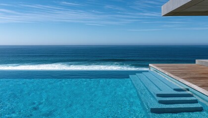 Fototapeta premium Modern home with infinity pool overlooking a vast ocean horizon