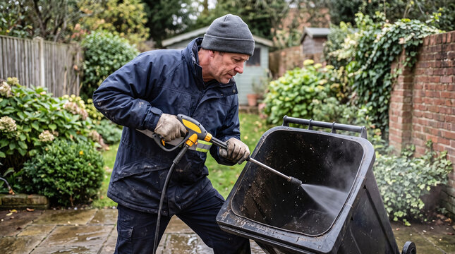 Man cleaning a dirty wheelie bin with a high-pressure washer in a backyard