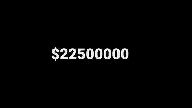 Animated dollar counter displaying a growing monetary value up to ten million, suitable for finance, business, investment, revenue, earnings  on alpha channel and transparent background.