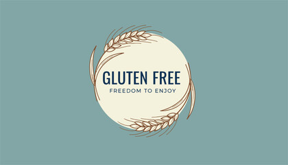 Fototapeta premium Gluten free dietary label design featuring the text inside a circle framed by hand drawn wheat stalks on a muted blue background.