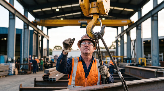 Industrial worker signaling crane operator while guiding heavy steel wire rope.