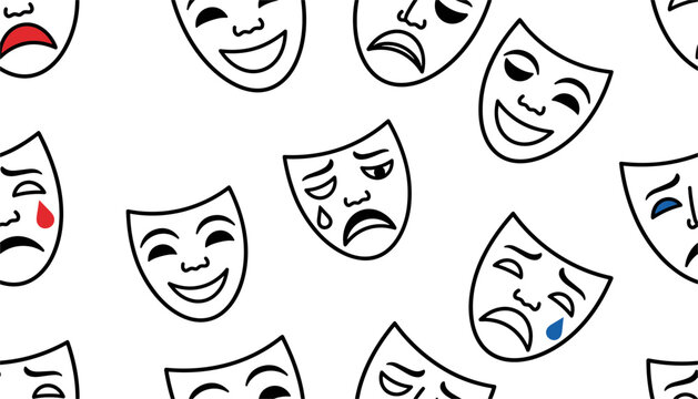 Seamless pattern showcasing various theatrical comedy and tragedy masks with different expressions like joy and sadness on a white background.
