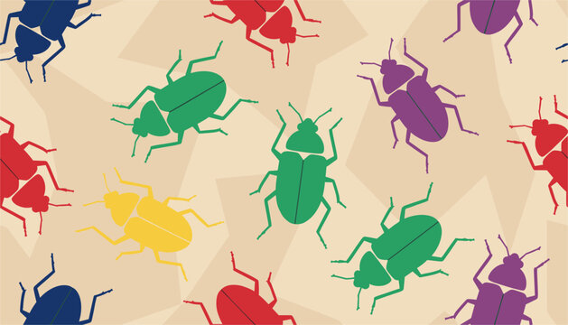 Colorful seamless pattern of various beetle shapes in red, green, blue, yellow, and purple crawling over an abstract geometric beige background.