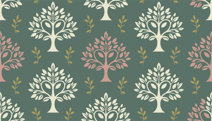 Fototapeta premium Seamless botanical pattern featuring repeating white and pink trees with golden leaf sprigs on a dark forest green background for elegant textiles.