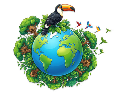 Vibrant Habitat Poster with Globe, Leaf Canopy Ring, and Toucan