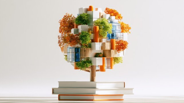 Sculptural tree of knowledge and nature built on stacked books