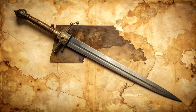 Vintage Longsword Resting on an Aged Parchment Map, Symbolizing Ancient Journeys and Uncharted Territories in a Historical Setting