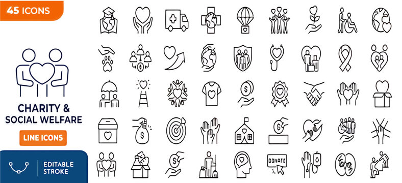 Charity donation community care and volunteering line vector icons set featuring helping hand heart support and kindness concepts