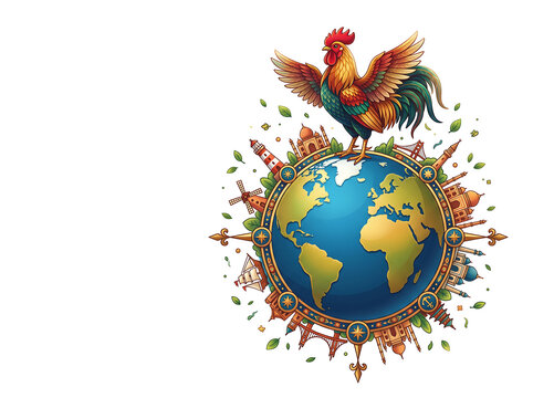 Eco Poster with Globe, Compass Rose Ring, and Rooster