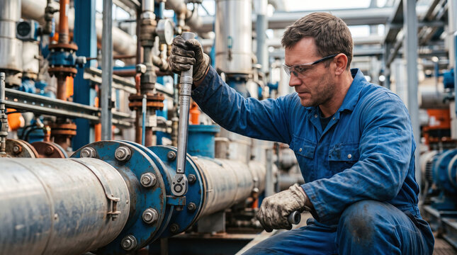 Industrial worker using torque wrench to tighten bolts on a pipe flange.