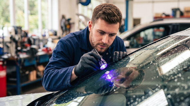Auto glass technician repairing a chipped car windshield with a UV light.