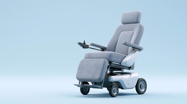 Modern smart electric wheelchair with recline and leg rest function, light‑blue background, disability elderly rehabilitation assistive medical device 3D render asset