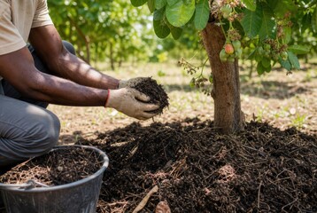 Fototapeta premium Handsome farmer carefully mulching young grapevine in lush vineyard with fresh soil, organic farming, agricultural close-up, vibrant greenery, professional gardening techniques