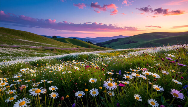 Beautiful Blooming Daisy Field on Rolling Green Hills Under a Stunning Purple Sunset Sky Landscape