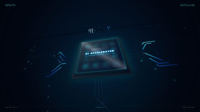 Futuristic AI accelerated processor microchip rotating on a dark motherboard with glowing blue circuit lines, representing quantum computing, machine learning, high-tech hardware visualization.
