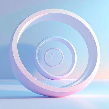 3D Abstract Background with Minimalist White Concentric Circles and Soft Pastel Blue Pink Gradient