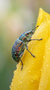 Iridescent Rainbow Weevil on a Soft Tulip