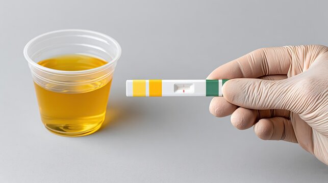 Medical gloved hand holding urine test strip, urine sample cup on background, urinalysis PH diagnostic lab close‑up asset	
