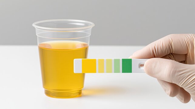 Medical gloved hand holding urine test strip, urine sample cup on background, urinalysis PH diagnostic lab close‑up asset