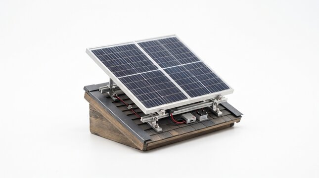 Mini solar panel model isolated on white background, compact photovoltaic renewable energy device for sustainable power concepts, education, engineering, science and technology