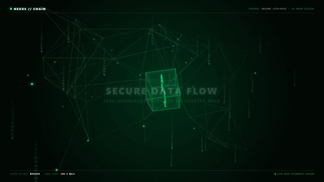 Futuristic green digital network HUD animation displaying quantum ledger, secure data flow, and fintech text over a glowing blockchain mesh on a dark background in a sleek tech visual style.